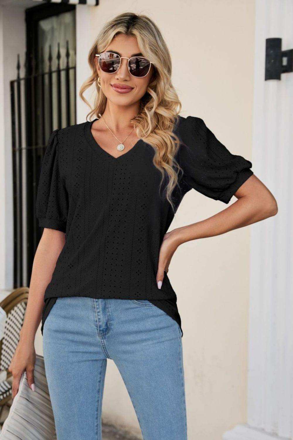 Eyelet Puff Sleeve V-Neck Top - Trendsi - Flyclothing LLC
