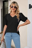 Eyelet Puff Sleeve V-Neck Top - Trendsi - Flyclothing LLC