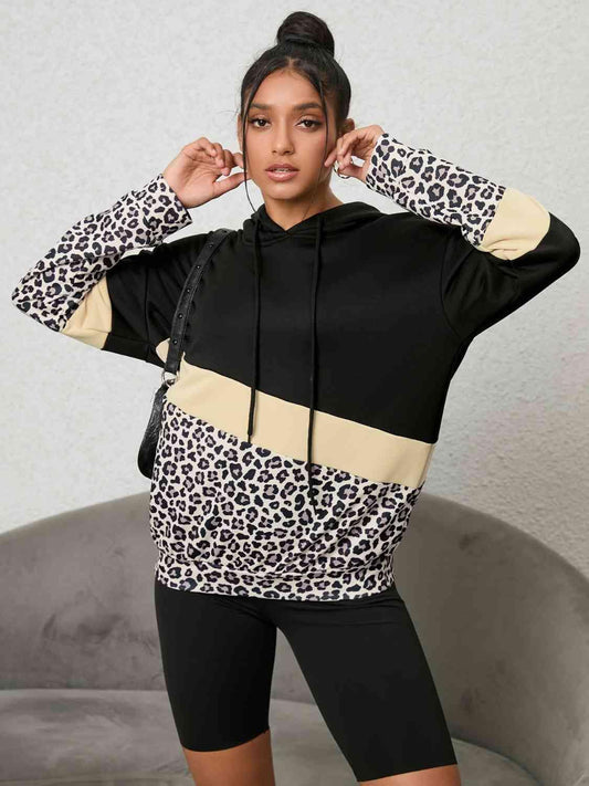 Leopard Color Block Hoodie - Trendsi