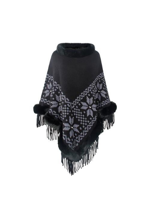 Fringe Geometric Cape Sleeve Poncho - Trendsi