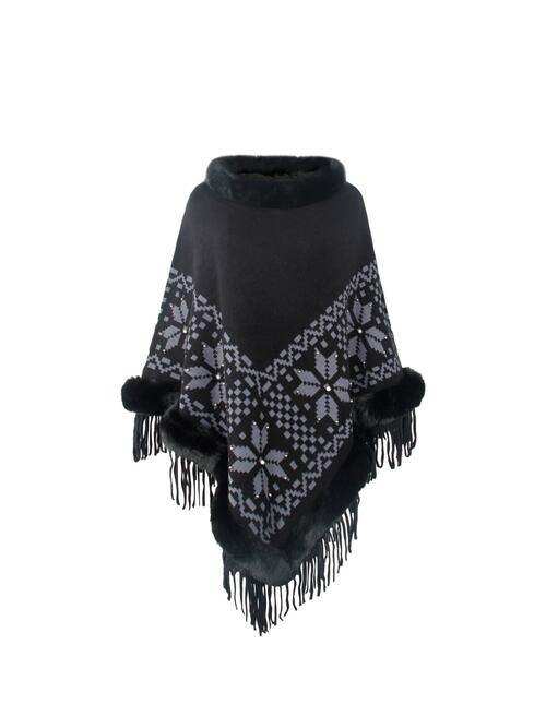Fringe Geometric Cape Sleeve Poncho - Trendsi - Flyclothing LLC