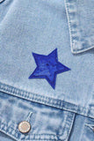 Pocketed Geometric Collared Neck Denim Jacket - Trendsi - Flyclothing LLC