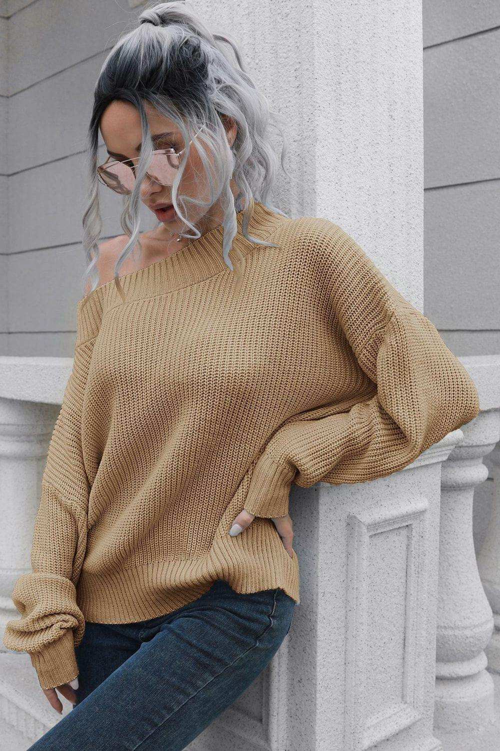 Off-Shoulder Ribbed Long Sleeve Pullover Sweater - Trendsi - Flyclothing LLC