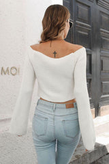 Cropped V-Neck Flare Sleeve Knit Top - Trendsi