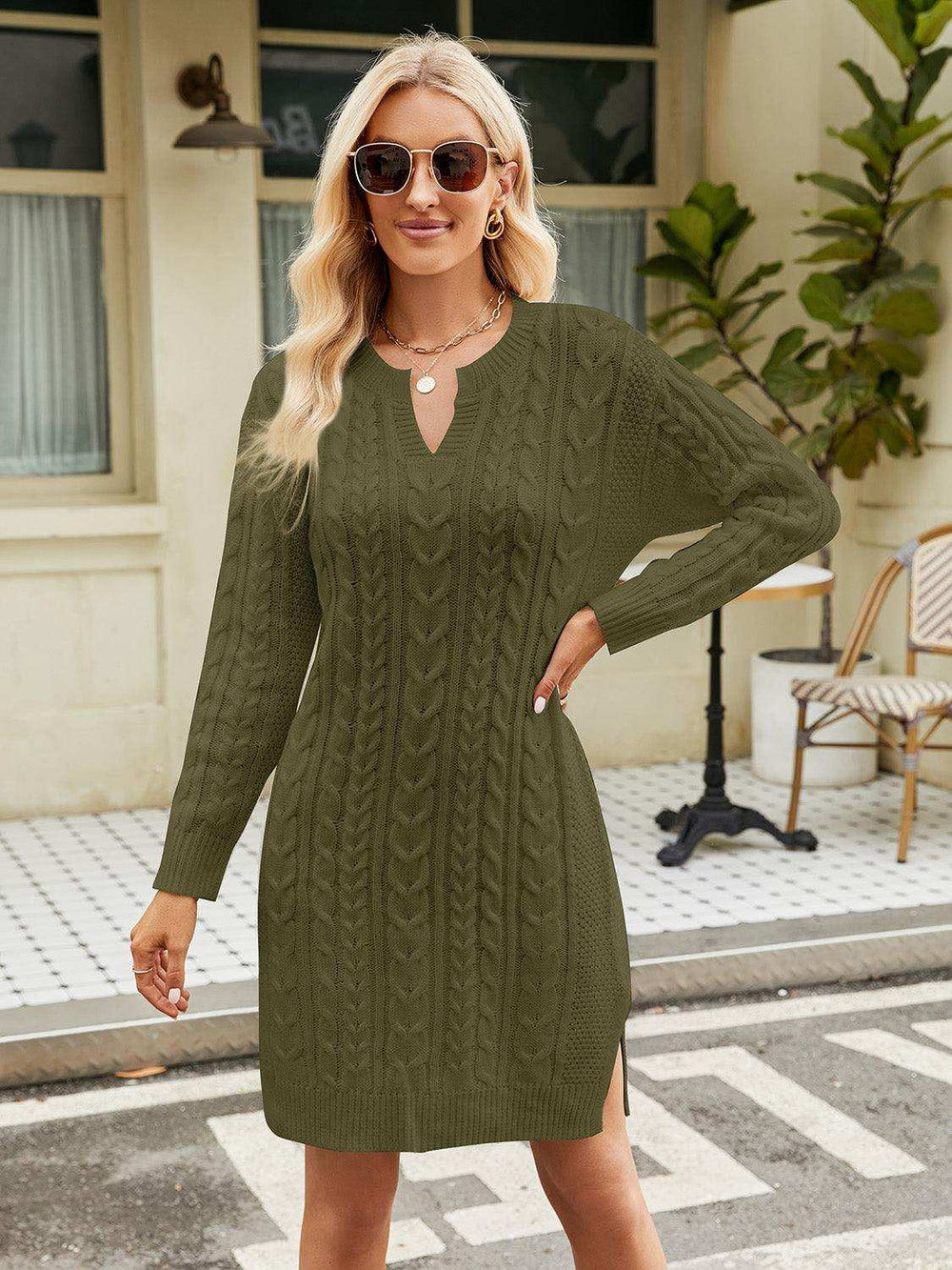 Notched Neck Cable-Knit Slit Sweater Dress - Trendsi - Flyclothing LLC