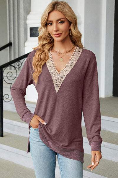 Slit V-Neck Long Sleeve T-Shirt - Trendsi - Flyclothing LLC