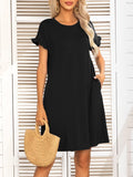 Round Neck Flounce Sleeve Dress with Pockets - Trendsi