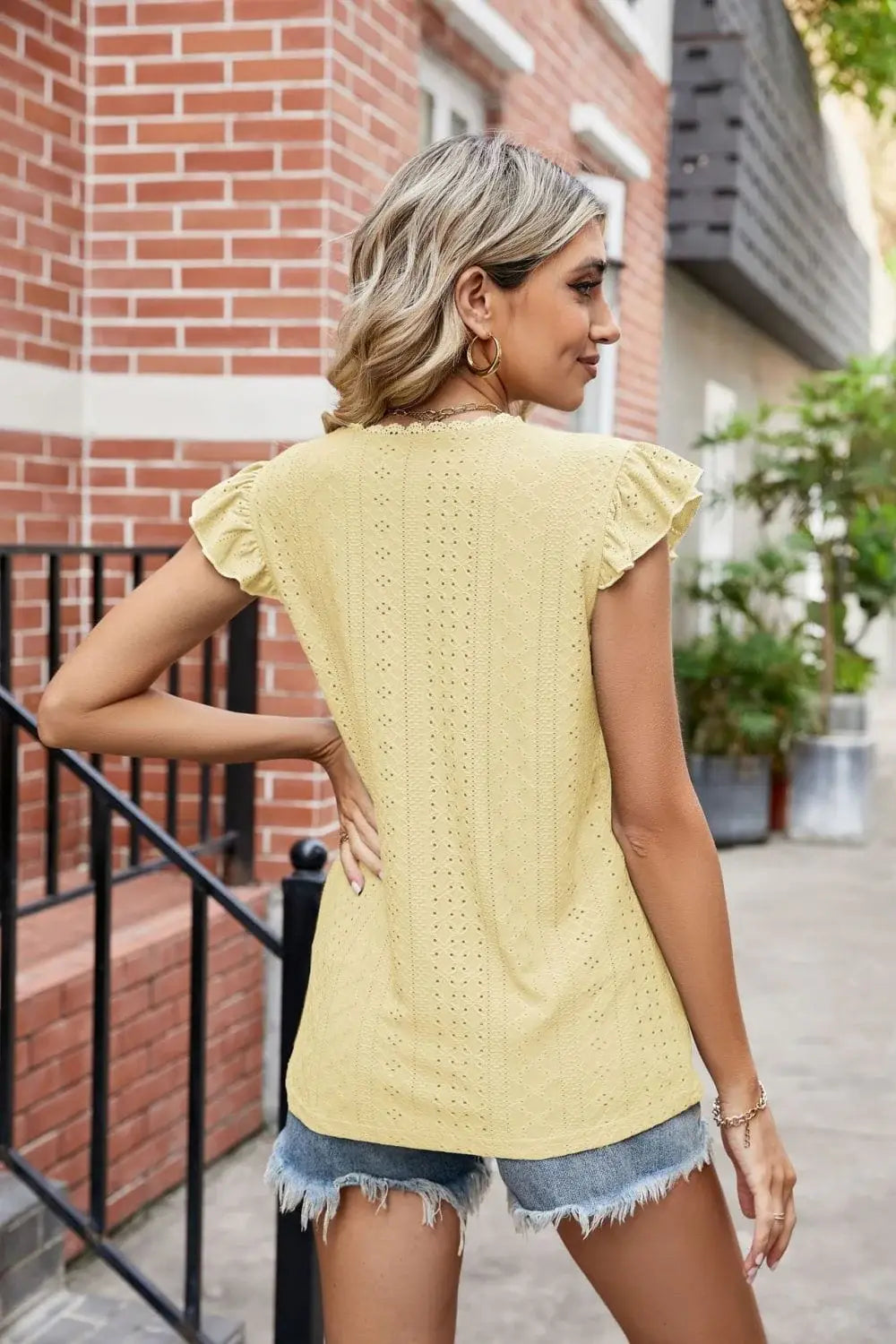 Eyelet Flutter Sleeve Scalloped V-Neck Top - Trendsi - Flyclothing LLC