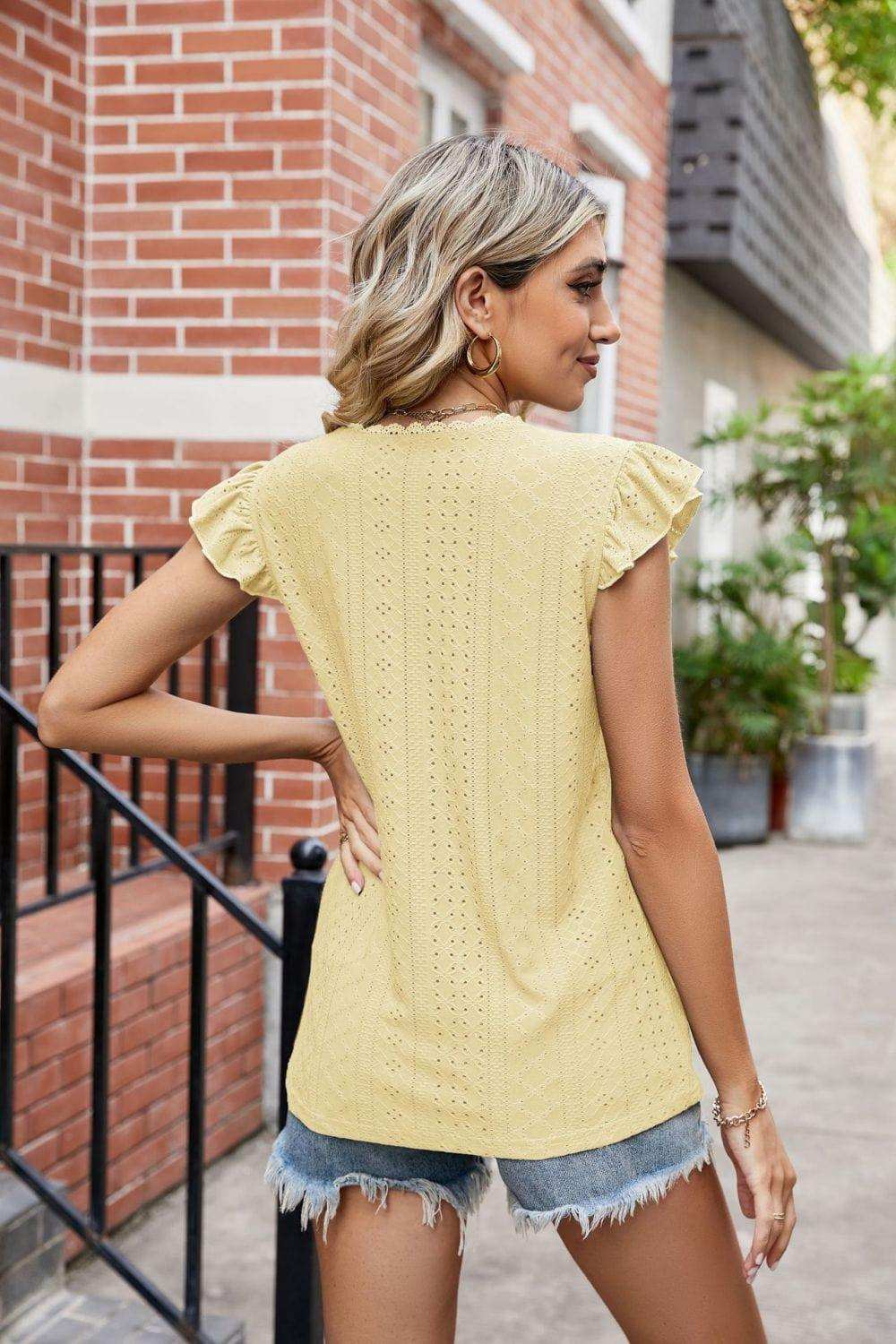 Eyelet Flutter Sleeve Scalloped V-Neck Top - Trendsi - Flyclothing LLC