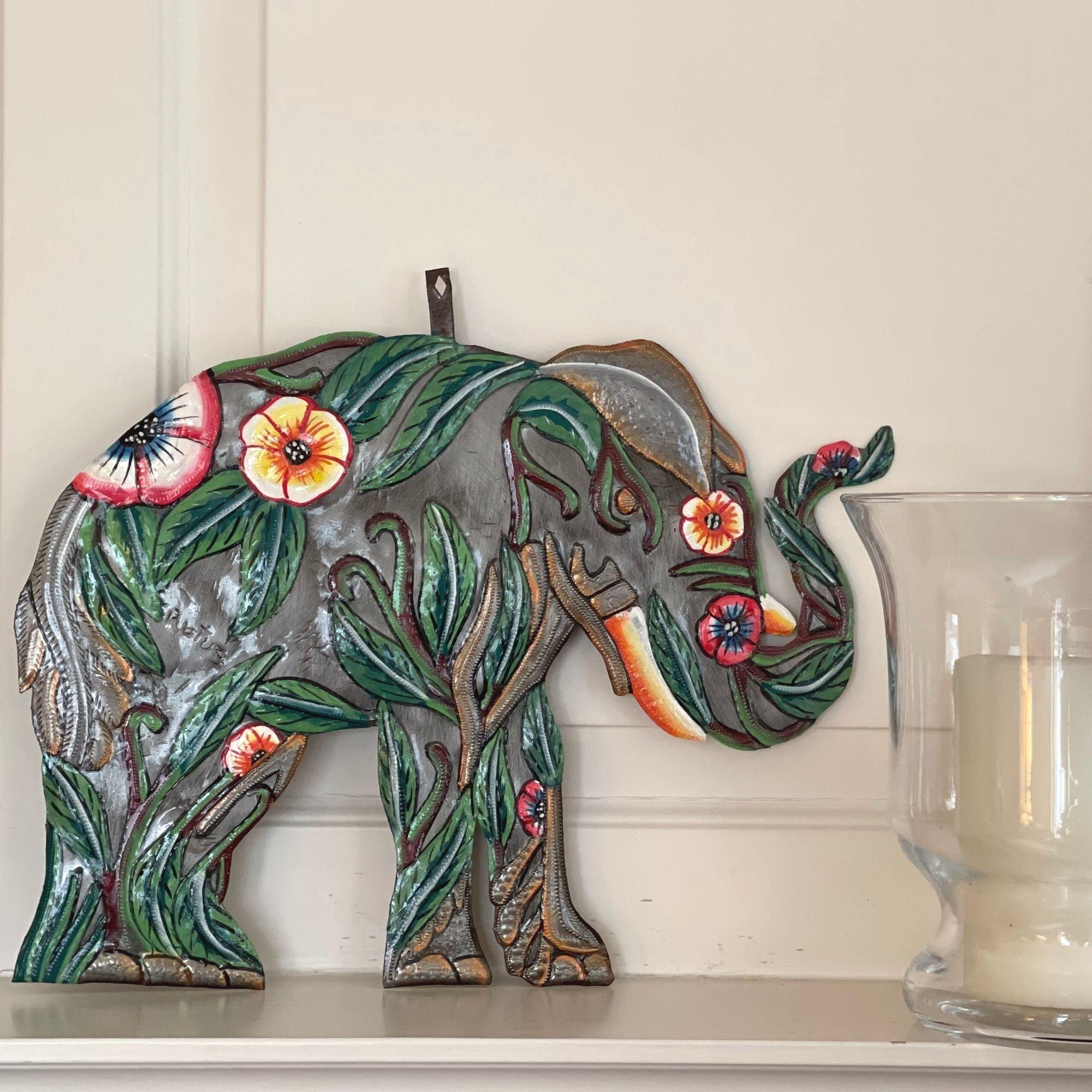 Hibiscus Elephant Haitian Metal Drum Art - Haitian Artisans