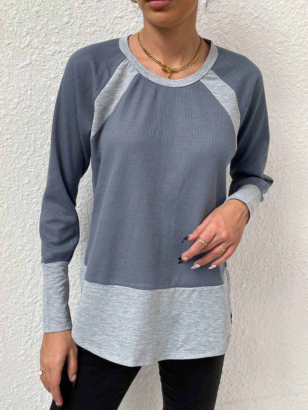Waffle-knit Round Neck Raglan Sleeve Tee - Trendsi - Flyclothing LLC