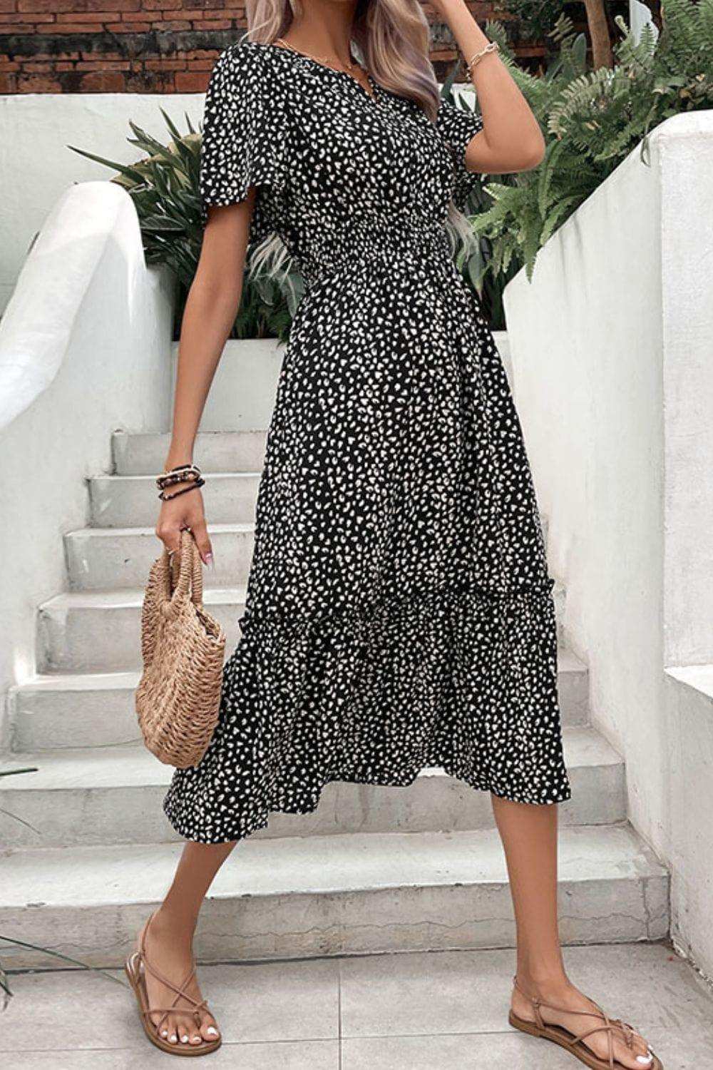 Leopard Print Short Sleeve Midi Dress - Trendsi - Flyclothing LLC