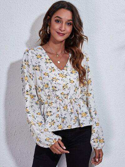 Floral V-Neck Balloon Sleeve Peplum Blouse - Trendsi - Flyclothing LLC