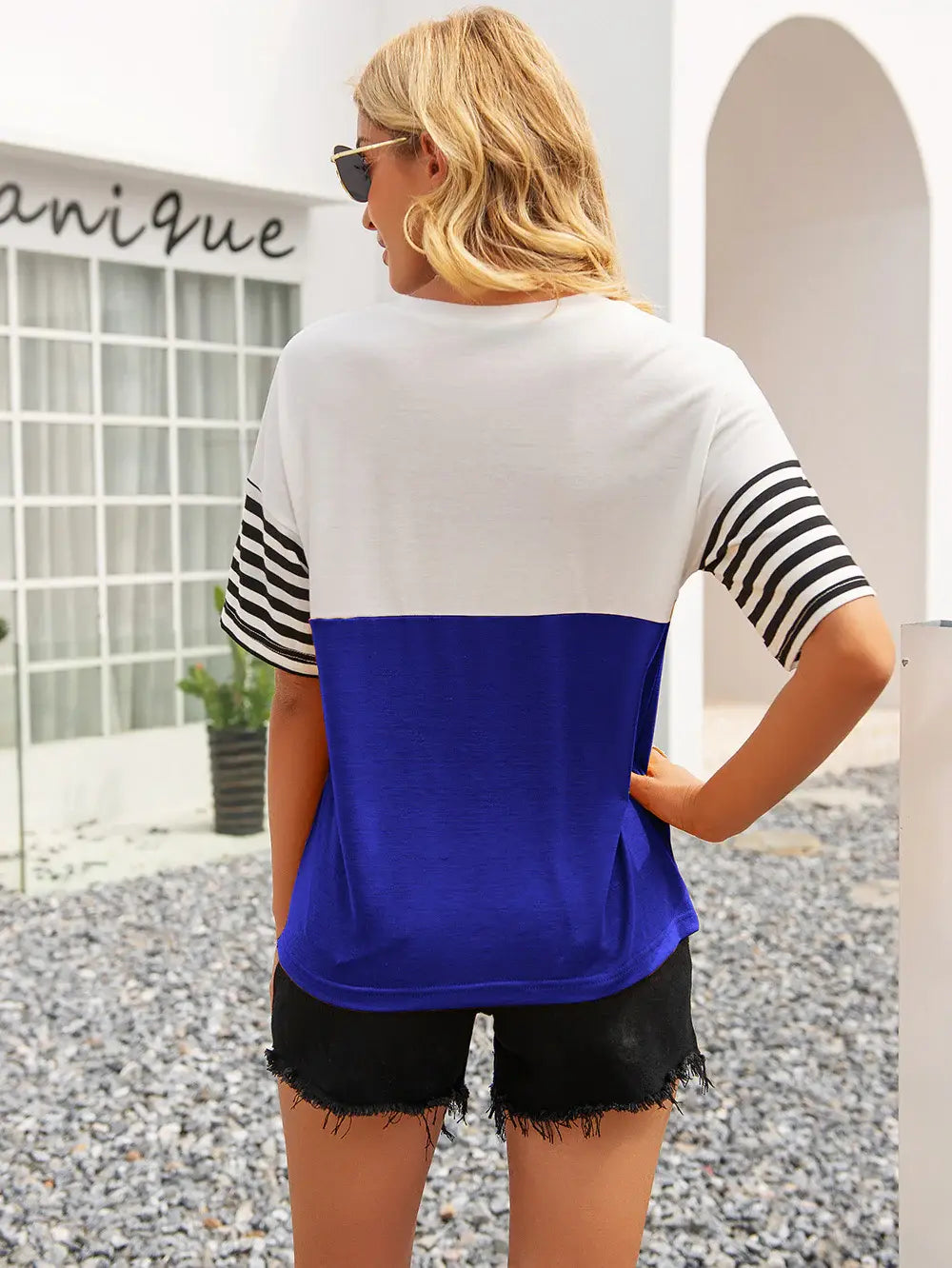 Striped Color Block Round Neck Tee - Trendsi - Flyclothing LLC