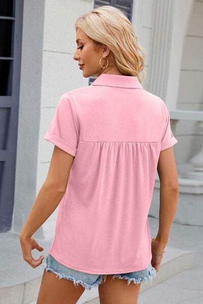 Ruched Johnny Collar Short Sleeve Blouse - Trendsi - Flyclothing LLC