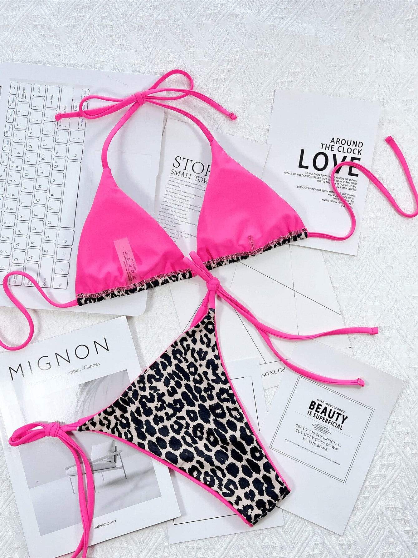 Leopard Print Halter Neck Tie Side Bikini Set - Trendsi - Flyclothing LLC