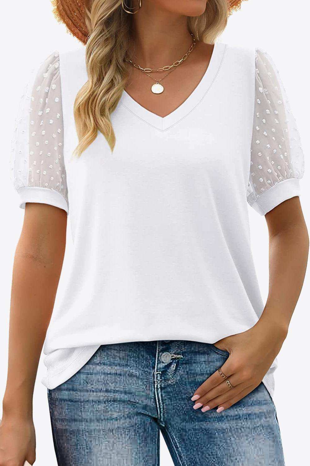 Swiss Dot Puff Sleeve V-Neck Tee - Trendsi - Flyclothing LLC