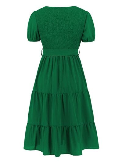 Smocked Tie Front Short Sleeve Tiered Dress - Flyclothing LLC
