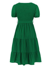 Smocked Tie Front Short Sleeve Tiered Dress - Flyclothing LLC