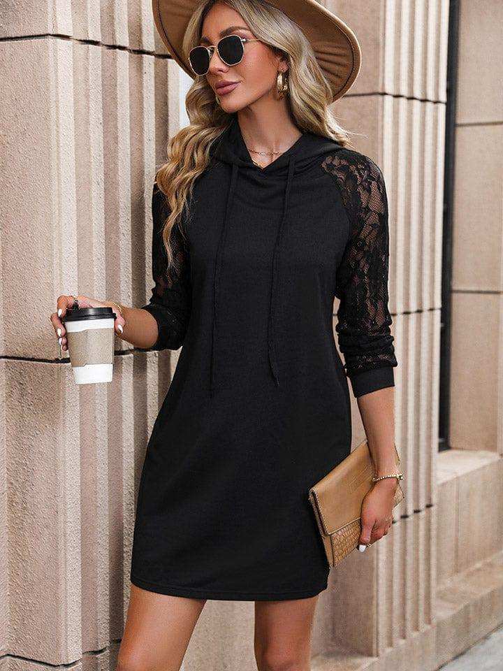 Lace Trim Long Sleeve Hooded Dress - Trendsi - Flyclothing LLC