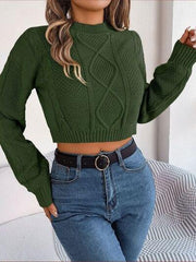 Cable-Knit Round Neck Cropped Sweater - Trendsi