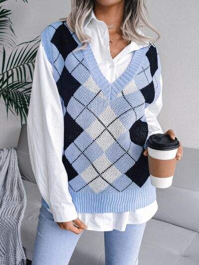 Plaid V-Neck Sweater Vest - Trendsi - Flyclothing LLC