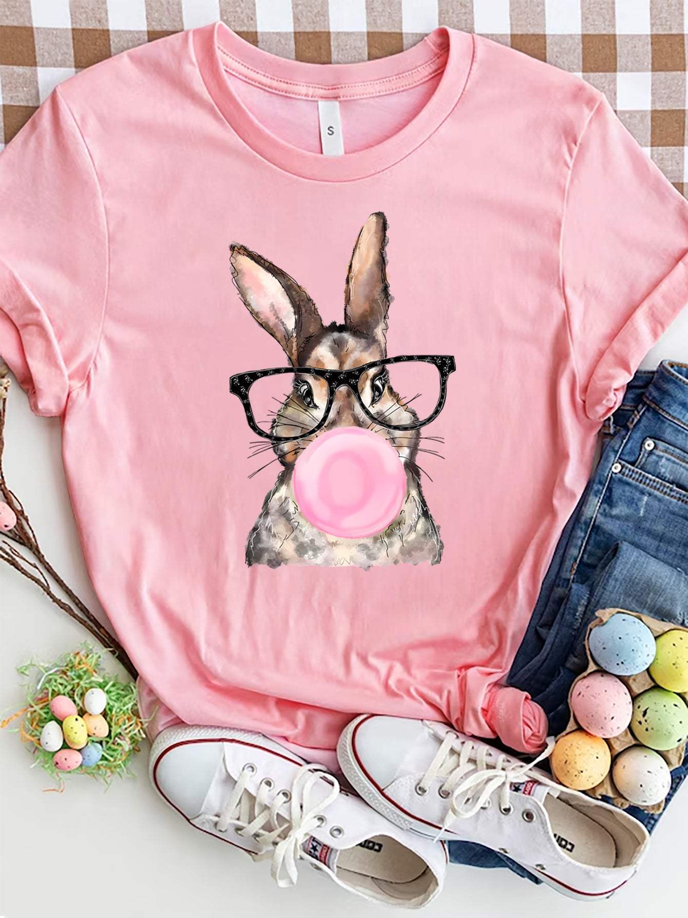 Rabbit Round Neck Short Sleeve T-Shirt - Trendsi - Flyclothing LLC