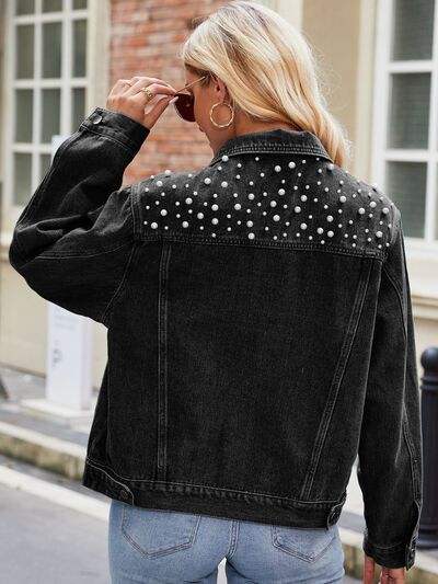 Pearl Detail Collared Neck Long Sleeve Denim Jacket - Trendsi - Flyclothing LLC