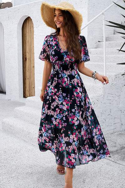 Smocked Floral V-Neck Short Sleeve Dress - Trendsi - Flyclothing LLC