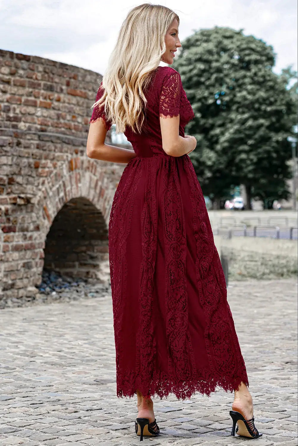 Scalloped Trim Lace Plunge Dress - Trendsi - Flyclothing LLC