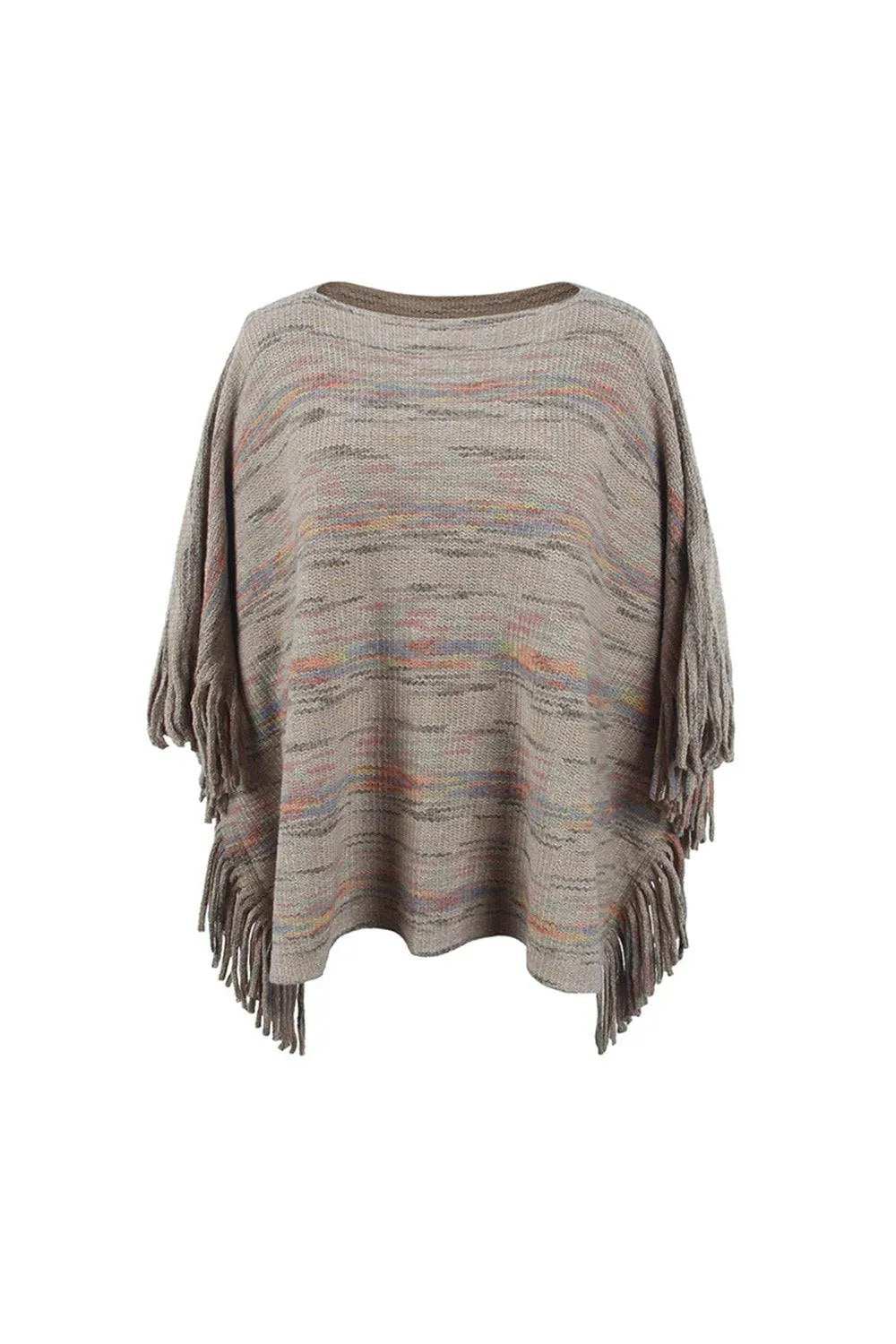 Round Neck Fringe Detail Sleeve Poncho - Trendsi - Flyclothing LLC