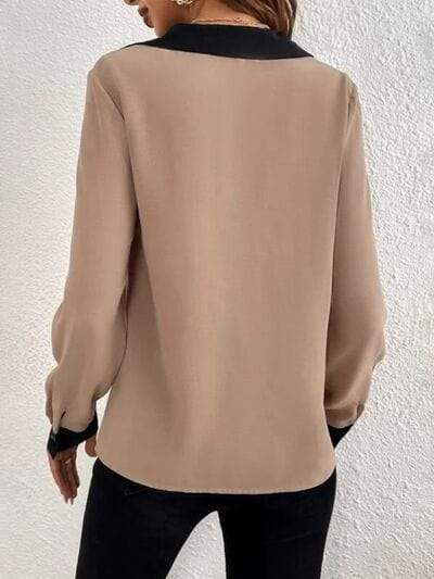 Contrast Trim V-Neck Long Sleeve Blouse - Trendsi - Flyclothing LLC