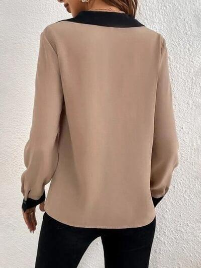 Contrast Trim V-Neck Long Sleeve Blouse - Trendsi