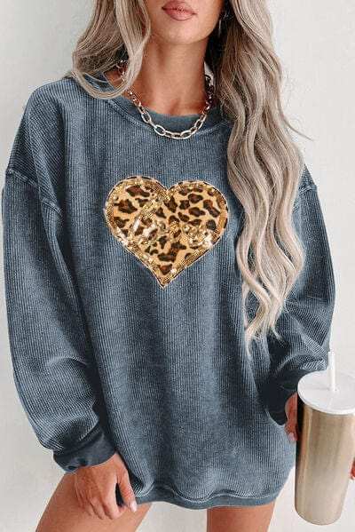 Heart Leopard Sequin Round Neck Sweatshirt - Trendsi - Flyclothing LLC