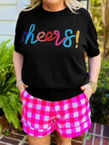 Plus Size CHEERS Round Neck Short Sleeve Sweater - Trendsi - Flyclothing LLC