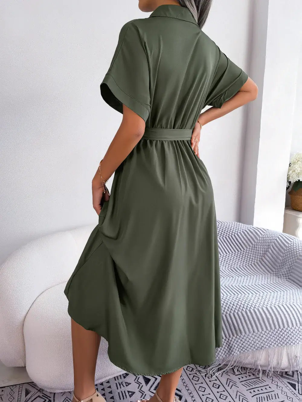Short Sleeve Collared Tie Belt Dress - Trendsi - Flyclothing LLC