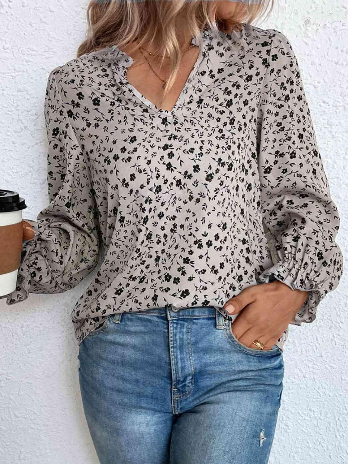 Notched Neck Flounce Sleeve Blouse - Trendsi