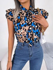 Leopard Tie Neck Cap Sleeve Blouse - Trendsi