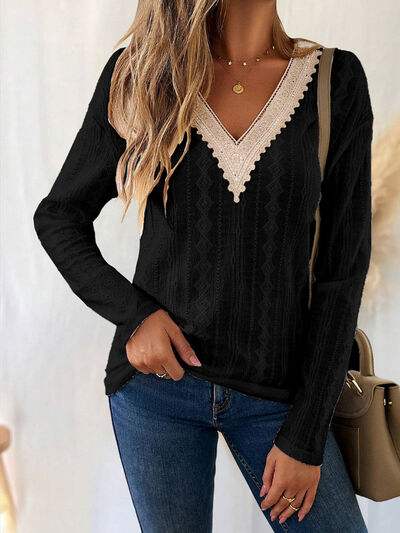 Eyelet V-Neck Dropped Shoulder T-Shirt - Trendsi - Flyclothing LLC