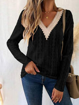 Eyelet V-Neck Dropped Shoulder T-Shirt - Trendsi - Flyclothing LLC