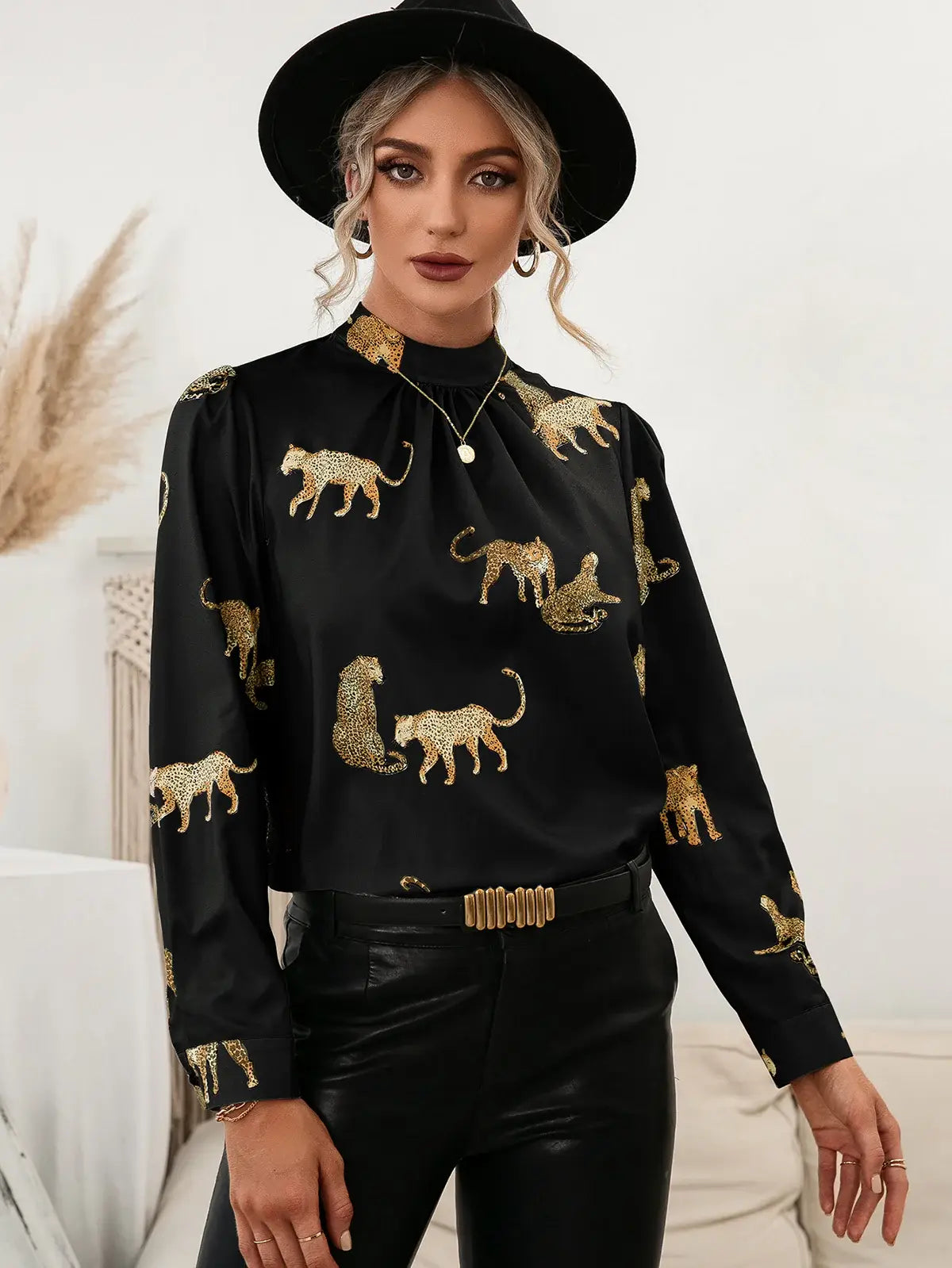 Leopard Graphic Mock Neck Puff Sleeve Blouse - Trendsi - Flyclothing LLC