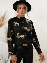 Leopard Graphic Mock Neck Puff Sleeve Blouse - Trendsi - Flyclothing LLC