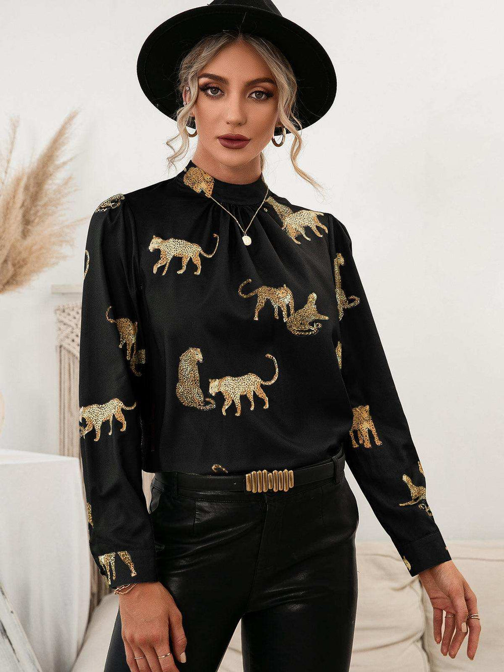 Leopard Graphic Mock Neck Puff Sleeve Blouse - Trendsi - Flyclothing LLC