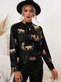 Leopard Graphic Mock Neck Puff Sleeve Blouse - Trendsi - Flyclothing LLC