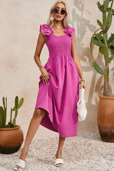 Smocked Ruffled Scoop Neck Midi Dress - Trendsi - Flyclothing LLC