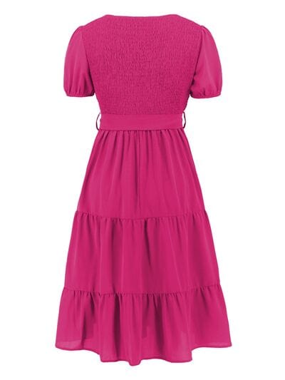 Smocked Tie Front Short Sleeve Tiered Dress - Flyclothing LLC