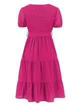 Smocked Tie Front Short Sleeve Tiered Dress - Trendsi - Flyclothing LLC