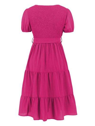 Smocked Tie Front Short Sleeve Tiered Dress - Trendsi - Flyclothing LLC