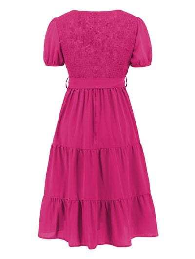 Smocked Tie Front Short Sleeve Tiered Dress - Trendsi - Flyclothing LLC