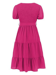 Smocked Tie Front Short Sleeve Tiered Dress - Flyclothing LLC